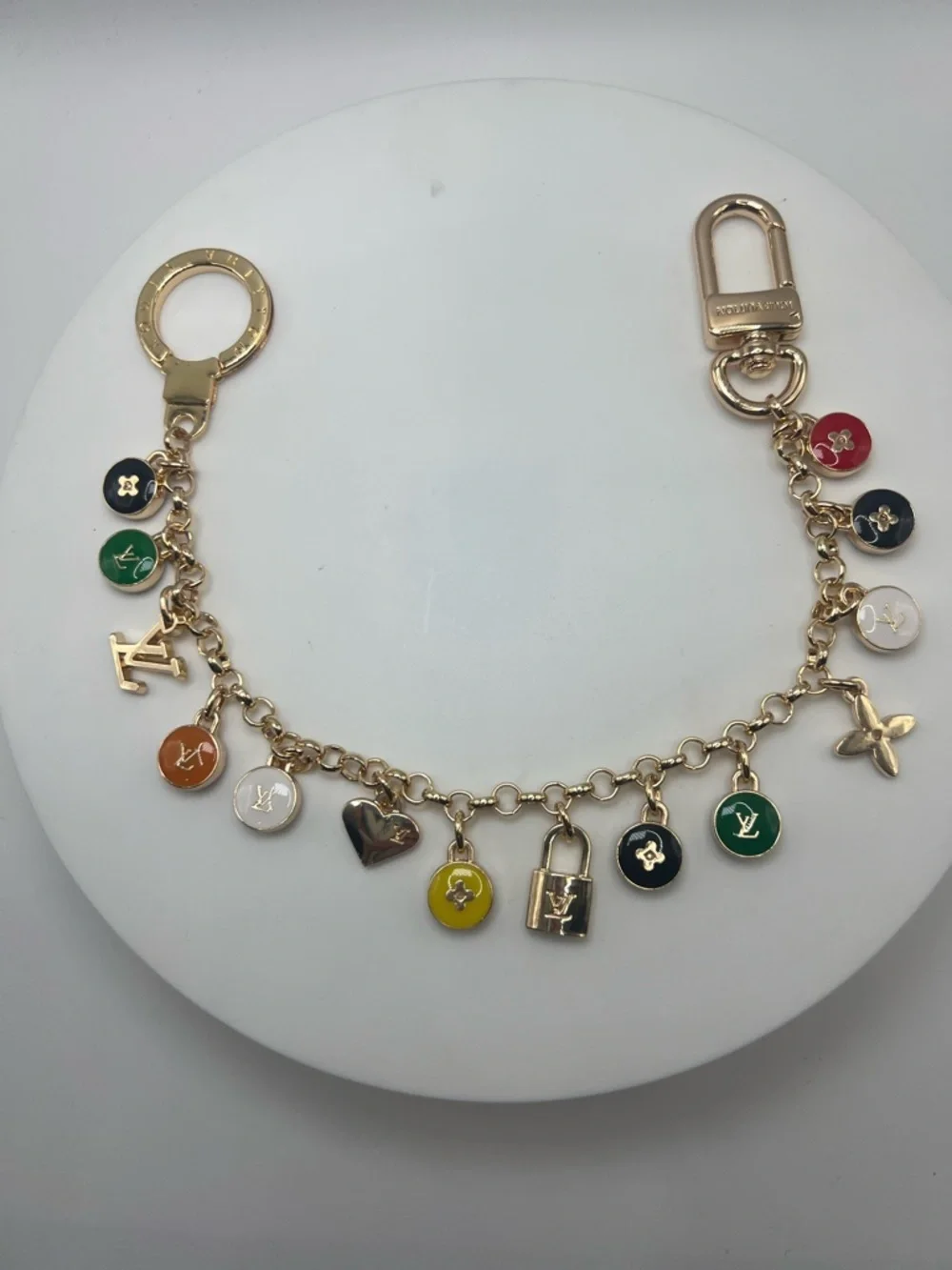 1417. Gold Tone Bag Chain with Multicolor Enamel Skittles. 12”